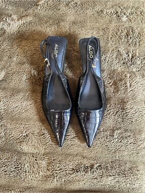Aldo Black Croc-Embossed Pointed Slingback Heels